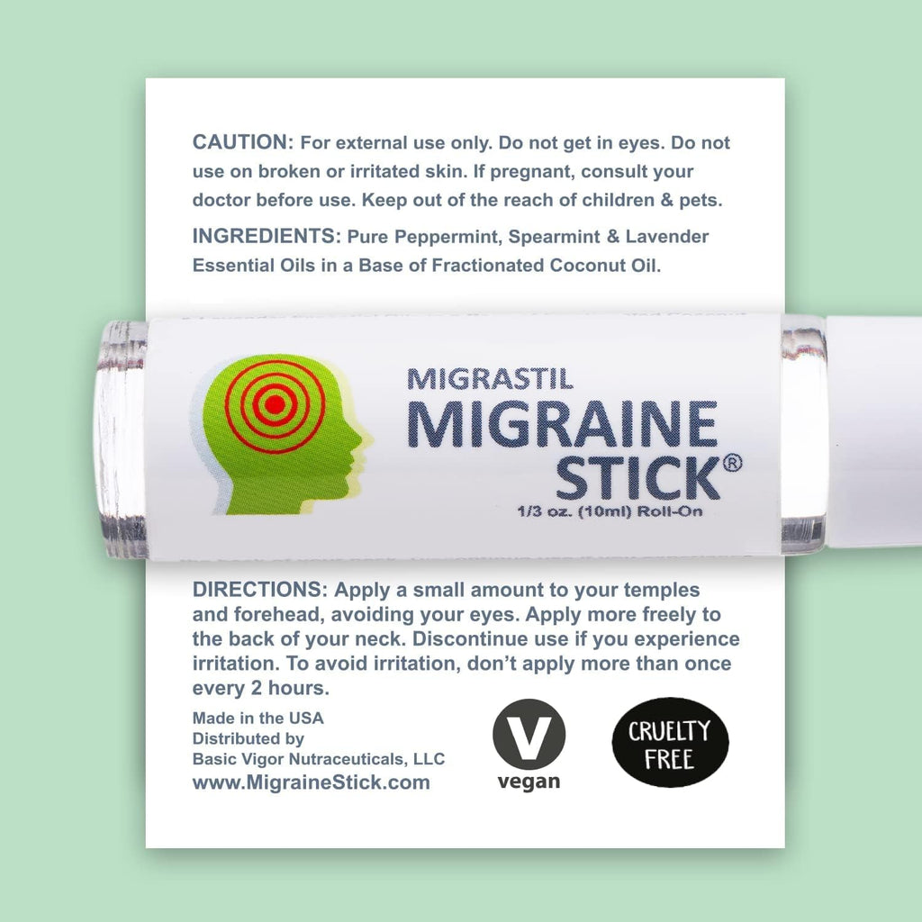 Migrastil Migraine Stick Roll On, Peppermint Oil, Essential Oil Roller USA | With spearmint & lavender, fractionated coconut oil base | Temples, forehead, neck | 10ml glass bottle | TSA-ready, vegan