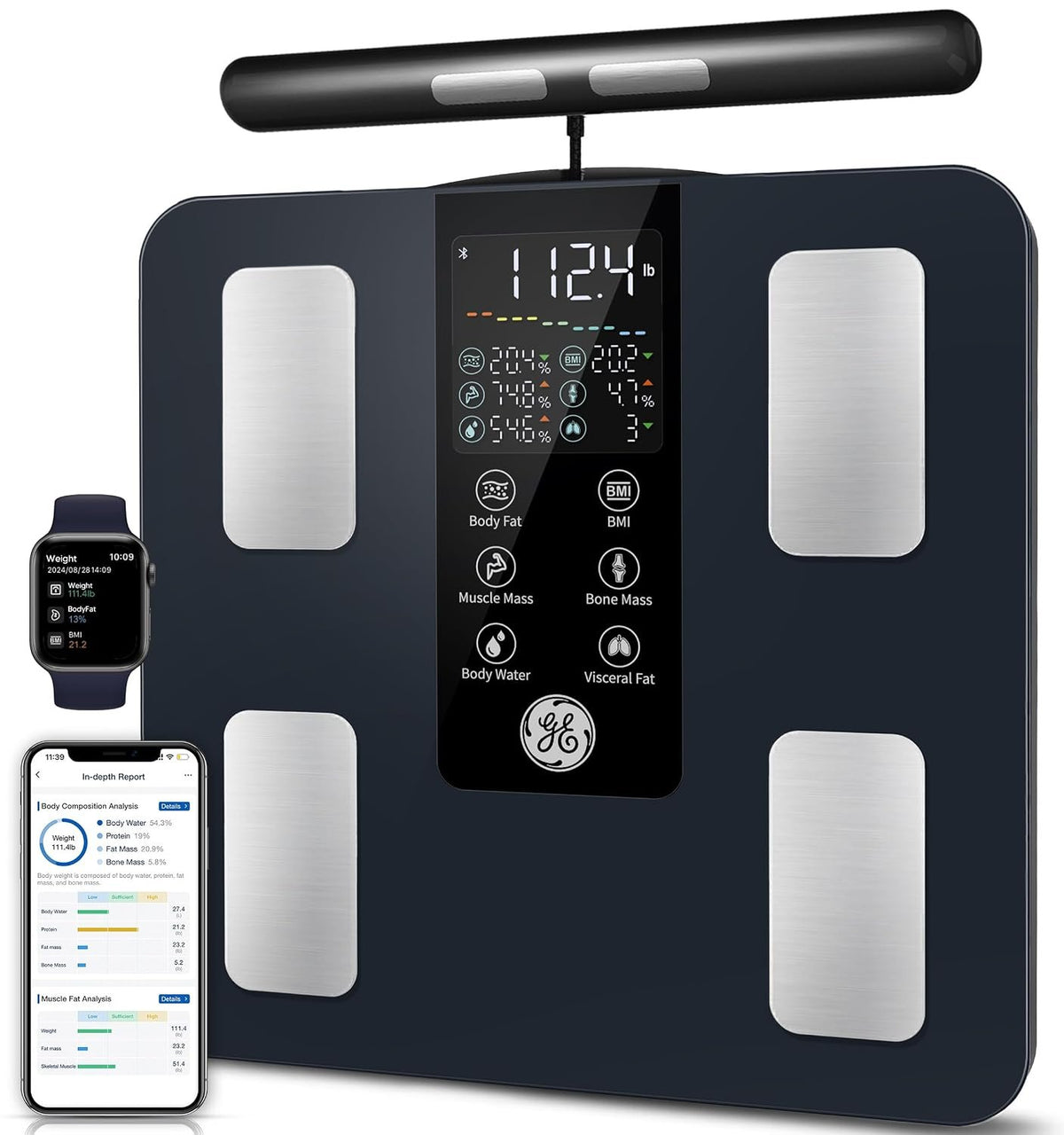 GE Smart Scale for Body Weight: Full Body Composition Analyzer, 50+ Metrics | 8-Electrode Digital Bathroom Scale for Weight Fat BMI Muscle Mass Bluetooth, Highly Accurate Weighing Machine 400lb