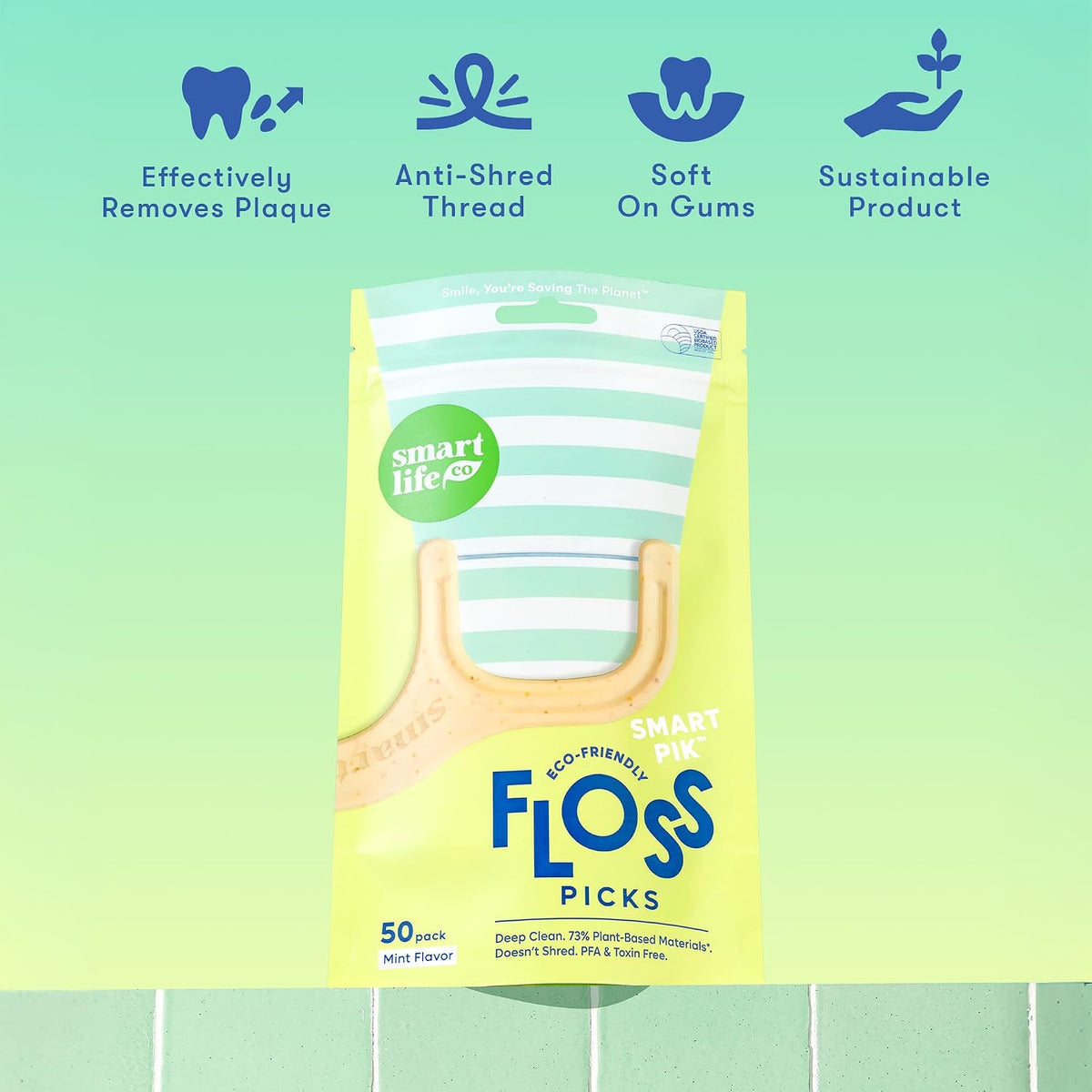 SmartLifeco Eco-Friendly Dental Floss Picks (200ct) - Flossers Made with Straw Wheat Blend, Superior Anti-Shred Thread for Tight Gaps, Tooth Pick Stick for Adults, Soft on Gum & Teeth, Vegan, Mint
