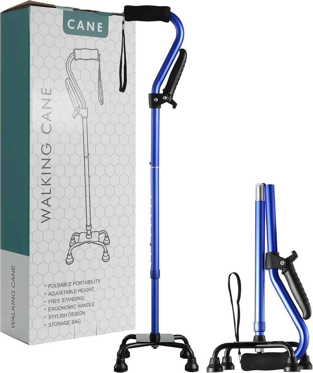 Stand Assist Walking Cane for Seniors - Foldable Adjustable Quad Cane with Second Handle for Leverage, Self Standing Walking Stick with 4-Pronged Base for Stability and Surgery Recovery