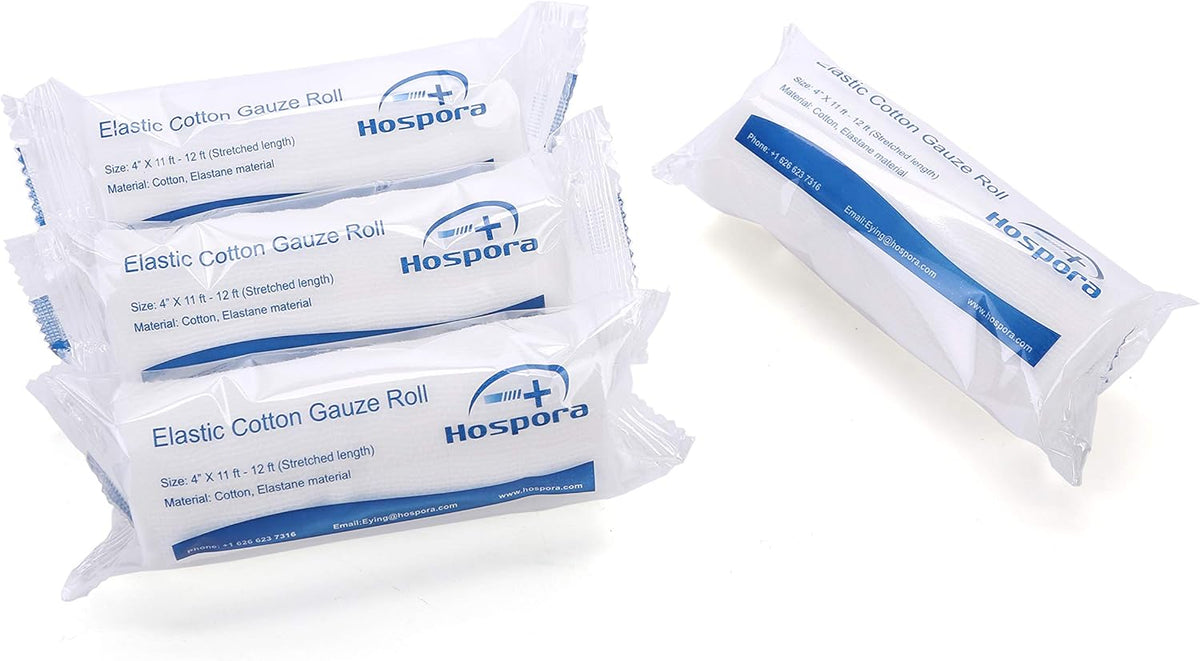 Hospora Medical Elastic Cotton Conforming Gauze Roll, 4 Inches, Individual Pack, First Aid Rolled Stretch Gauze, 24 Packs