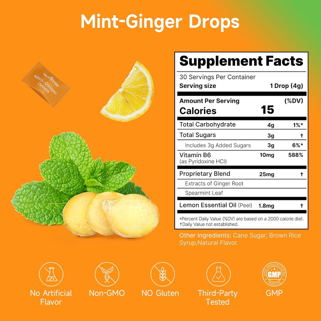 Mint-Ginger Drops, Fast-Acting Nausea Relief, Support Motion Sickness and Morning Sickness Relief, Added Vitamin B6, 30 Wrapped Ginger Candies