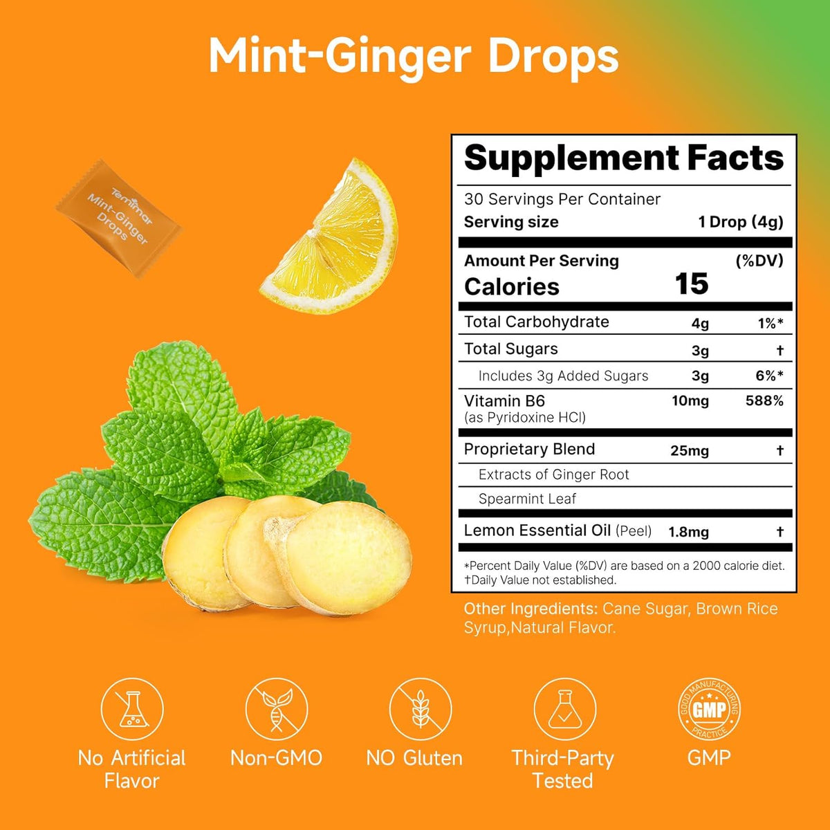 Mint-Ginger Drops, Fast-Acting Nausea Relief, Support Motion Sickness and Morning Sickness Relief, Added Vitamin B6, 30 Wrapped Ginger Candies