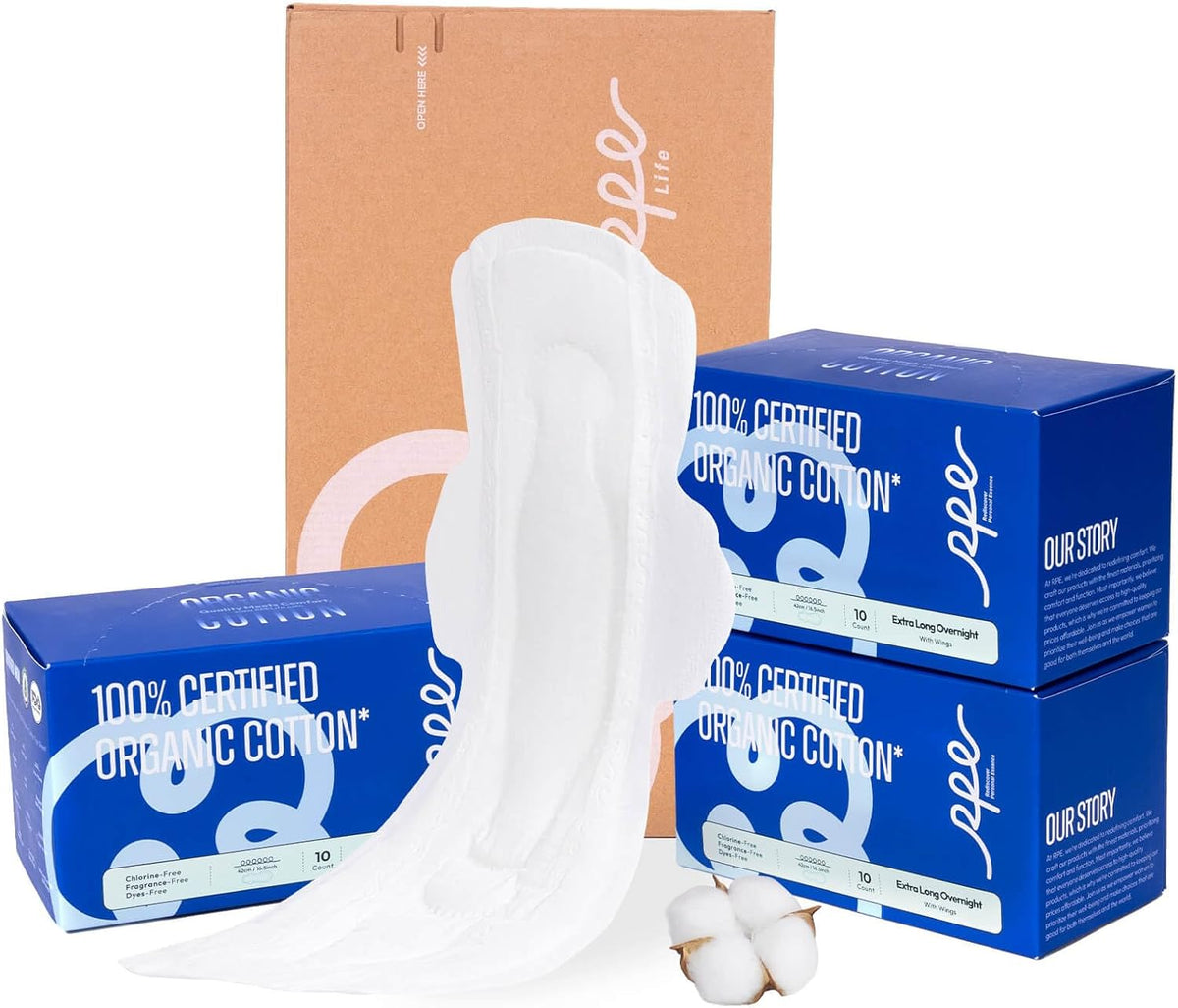 100% Organic Super Long Overnight Pads with Wings, Extra Heavy Sanitary Pad for Women Ultimate Absorbency, Ultra Thin Extra Coverage Cotton Period Menstrual Pads (Extra Long Overnight, Size 6, 30ct)