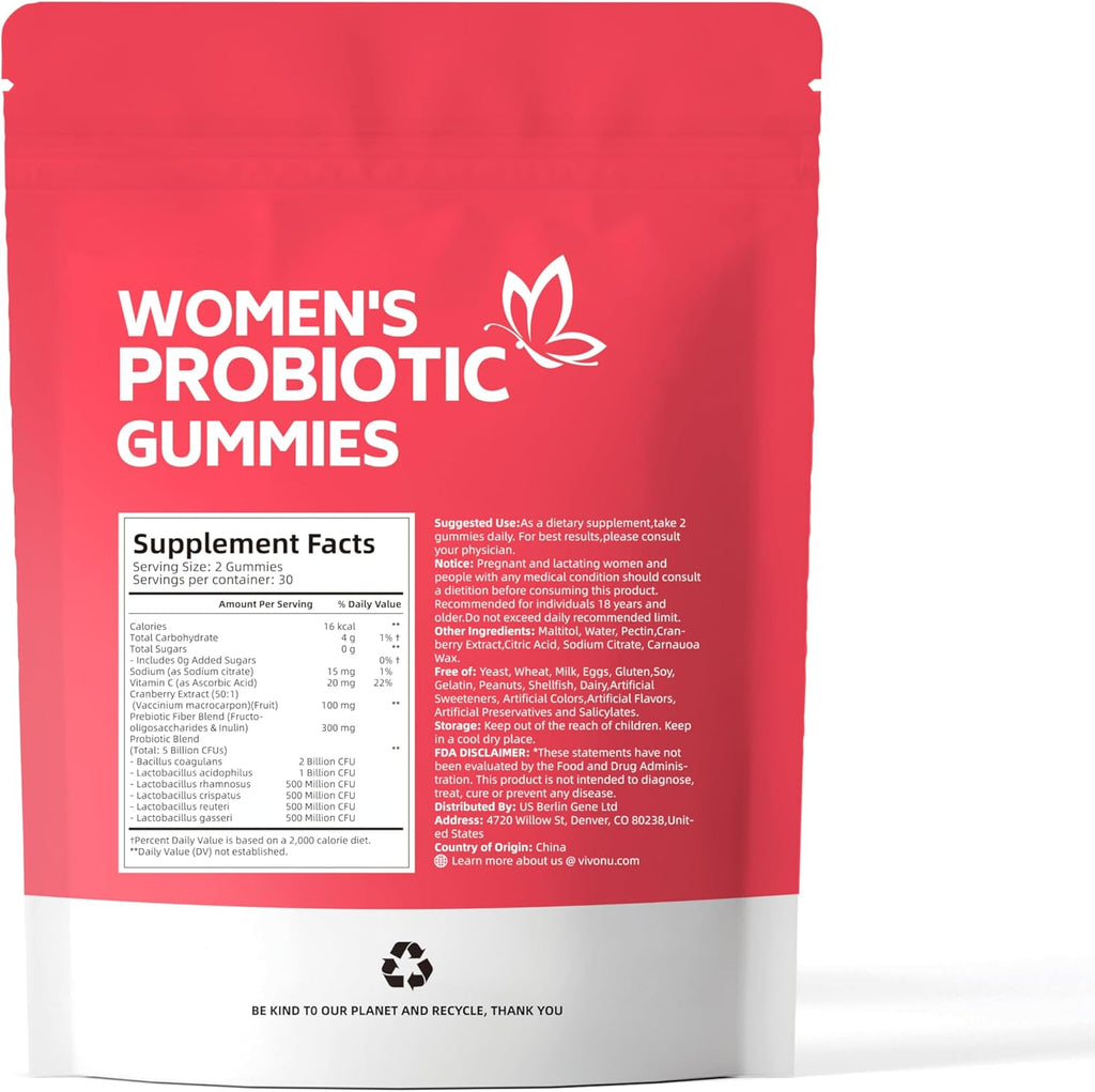 VivoNu Vaginal Women Probiotic, Feminine Balance pH Gummies for Healthy Odor, Yeast Balance & Flora + Vitamin C for Immune Support -Cranberry Probiotics