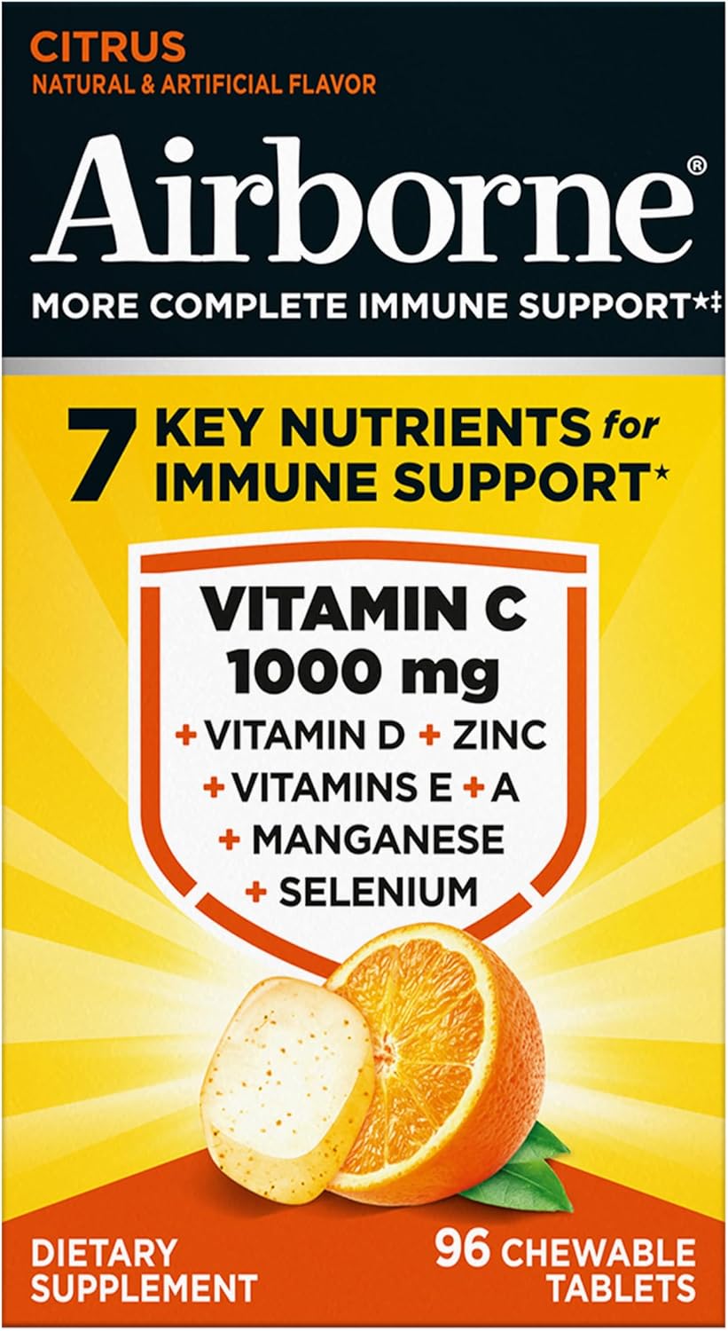 Airborne Vitamin C 1000mg (per Serving) - Citrus Chewable Tablets (96 Count in a Box) - Packaging May Vary