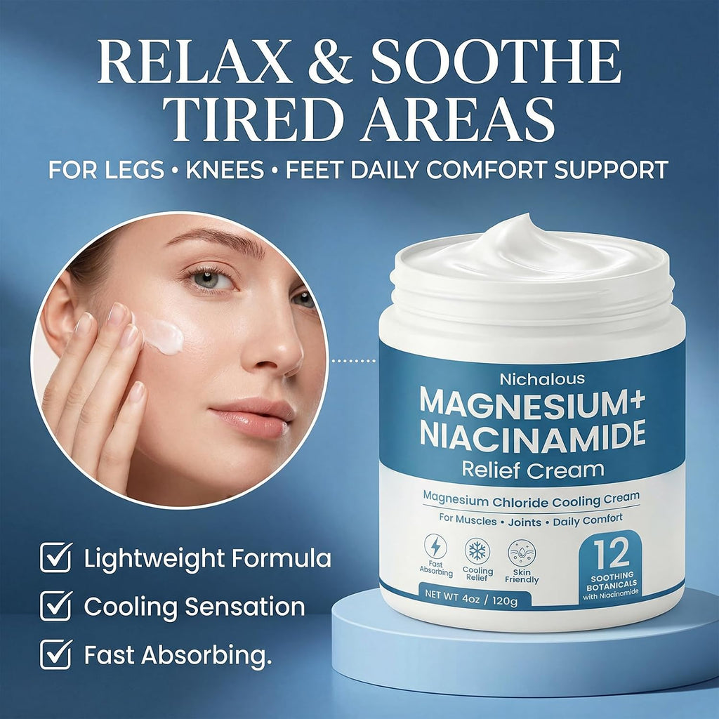 Magnesium Niacinamide Relief Cream - Topical Magnesium Chloride Cream for Joints, Legs & Feet with Arnica & Boswellia - Lightweight, Non-Greasy Formula - 4 oz(1 Pack)