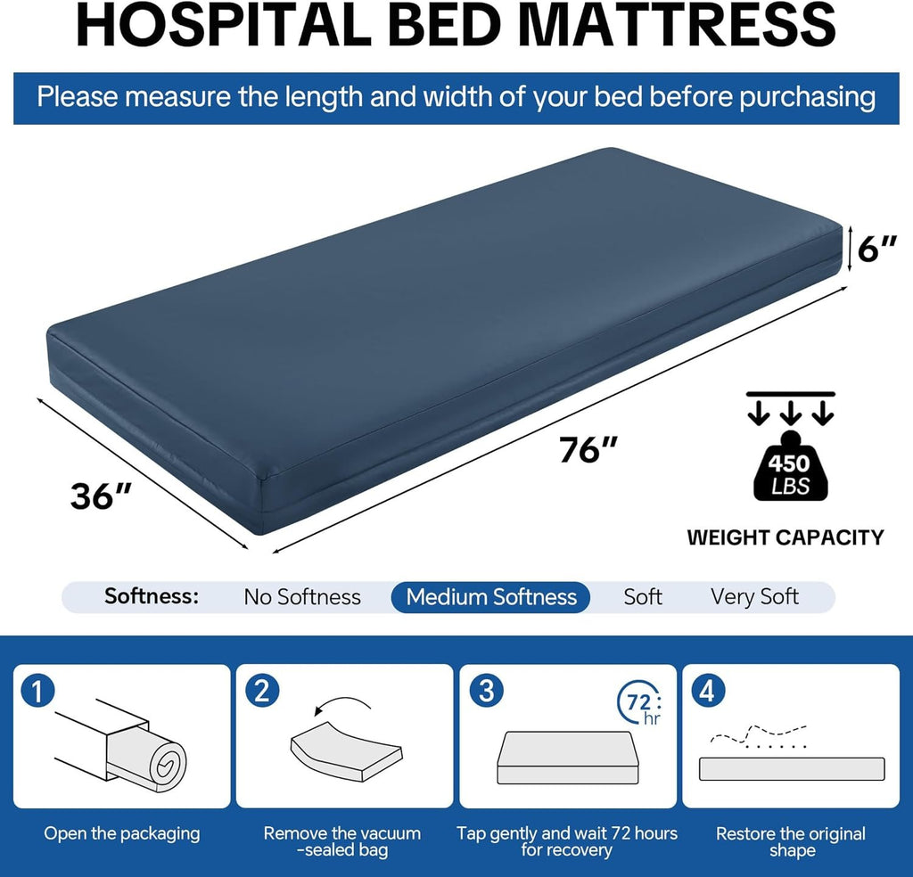 HOMBYS FDA Registered 5-Zone Memory Foam Hospital Bed Mattress, 76"x36"x6" Pressure Relief for Home & Clinical Use, Waterproof & Machine-Washable Cover, Supports 500 lbs for Bariatric & Elderly Care