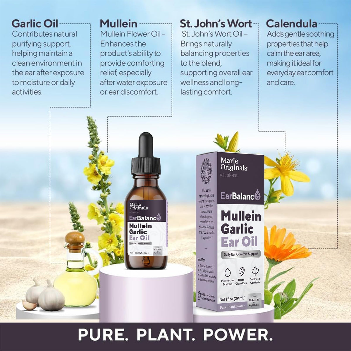 Marie Originals Mullein Garlic Ear Oil Drops for Earwax Care (1 Pack) | Olive Oil, Calendula and St Johns Wort, Herbal Ear Ache Drops, Balanced Ear Moisture 1 fl oz.