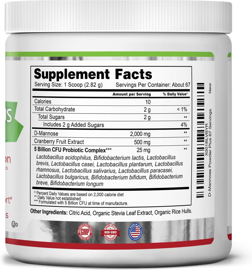 Zazzee D-Mannose Powder Plus, 2000 mg, 67 Servings, Free Scoop, Made in USA | Plus 5 Billion CFU Probiotics and Pure Cranberry Juice Extract, Kosher, 6.67 oz, Urinary Tract & Bladder Support, Non-GMO