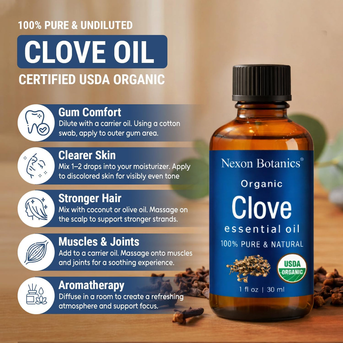 Organic Clove Essential Oil 30 ml - Pure, Undiluted for Teeth and Gums | Topical Clove Bud Essential Oil for Sore Muscles, Skin, Hair Care & Toothache - Natural Source of Eugenol - Nexon Botanics