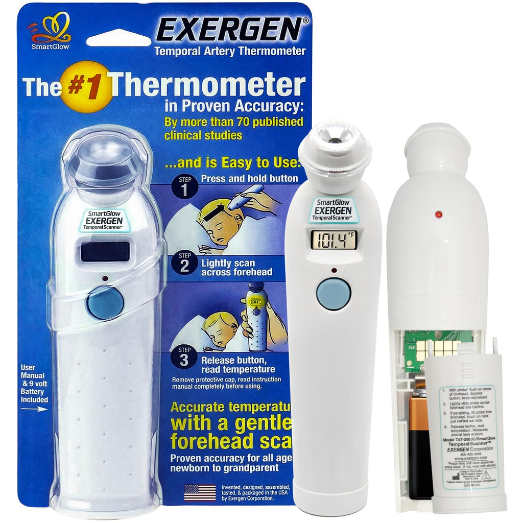Exergen TAT-2000C Temporal Artery Forehead Thermometer for Baby Kids Adults | Displays Temperature Reading, Soft Glow, Silent Mode, Wipe Clean Sensor, 8 Reading Memory, 9V Battery Included for Family Use