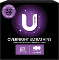 U BY KOTEX Ultrathins Overnight Pads Long with Wings 32 Count (4 x 8 Pack) - Packaging May Vary