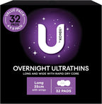 U BY KOTEX Ultrathins Overnight Pads Long with Wings 32 Count (4 x 8 Pack) - Packaging May Vary