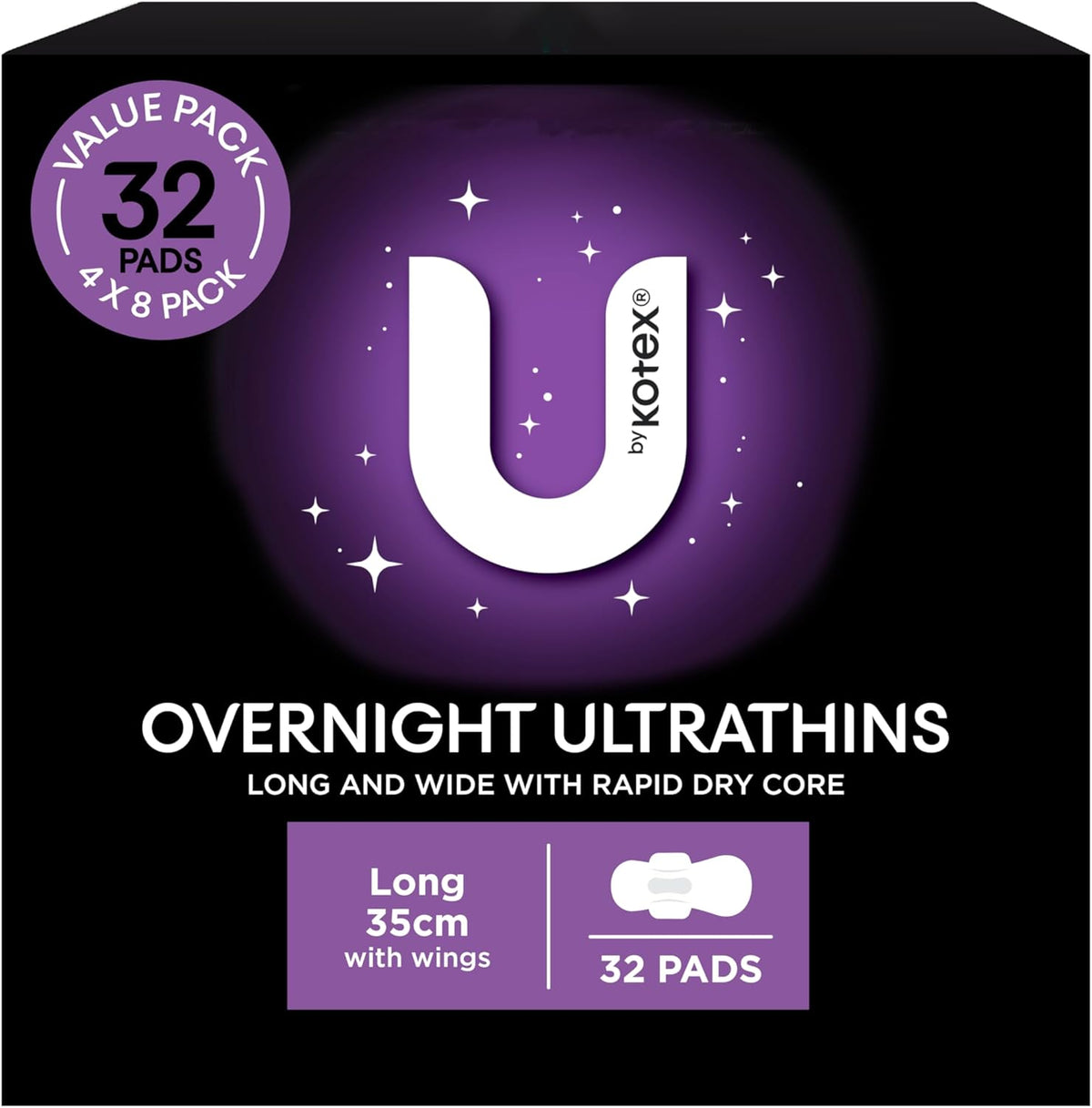 U BY KOTEX Ultrathins Overnight Pads Long with Wings 32 Count (4 x 8 Pack) - Packaging May Vary
