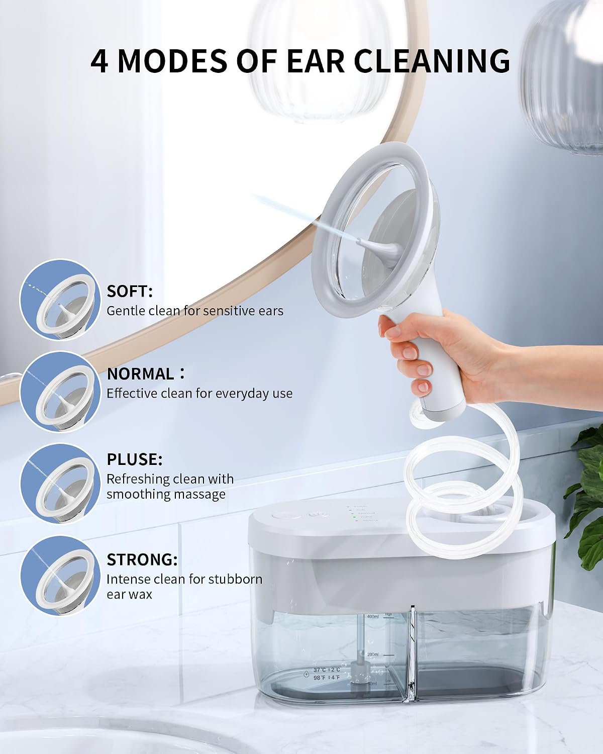 Electric Ear Wax Removal Kit, FSA-HSA-Eligible, Water Powered Ear Irrigation System with Sewage Collection, 4 Clean Modes, Safe & Effective, 3 Ear Tips for Adults