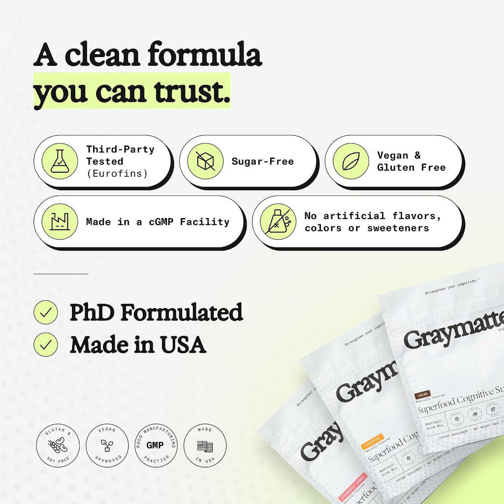 Graymatter Cognitive Support Powder, Strawberry Lemon, 40 Servings | Bright Mind brain health formula in convenient powder form for daily mental clarity and cognitive wellness