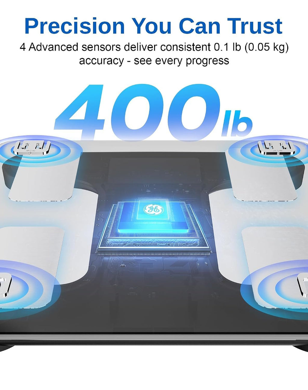GE Smart Scale for Body Weight BMI Body Fat, Digital Bluetooth Scale 400lb | 13 Body Composition Monitor Health Analyzer for Home Gym, Accurate Bathroom Scale, App Sync Weighing Capacity Black 11inch