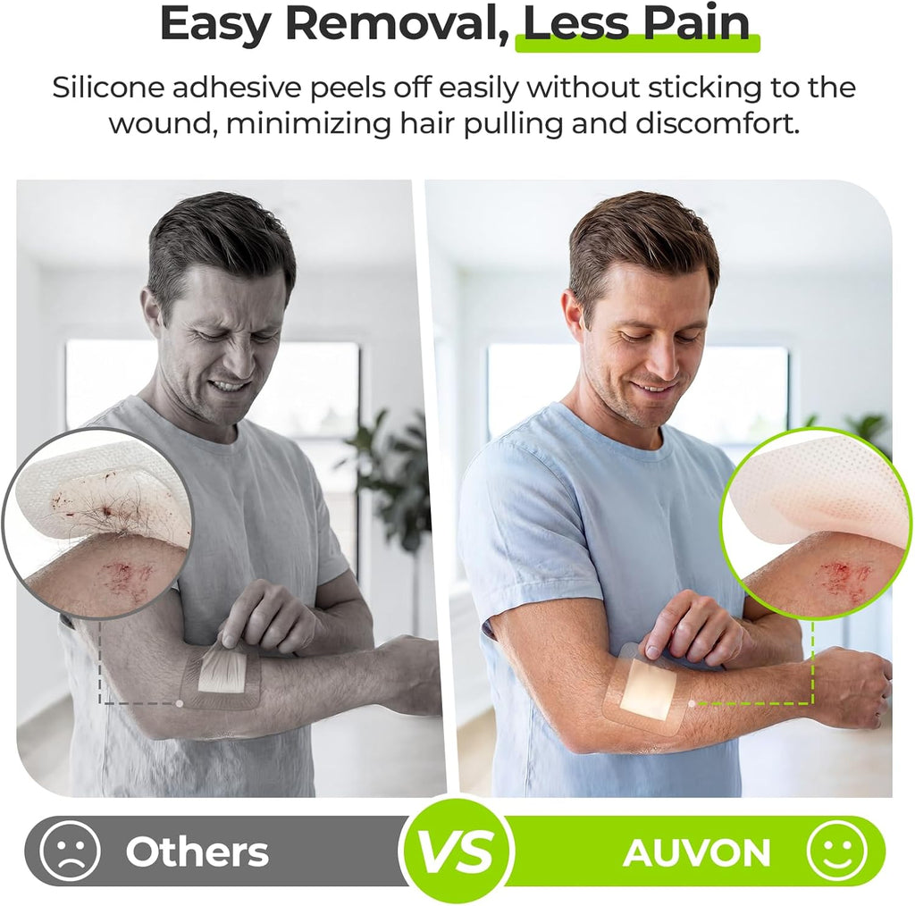 AUVON Silicone Foam Dressing with Large Adhesive Border, 3" x 3" 10 Packs Wound Dressing Bandage with High Absorbency, Waterproof Silicone Foam Pads for Wound Care & Protection Plus Cushioning