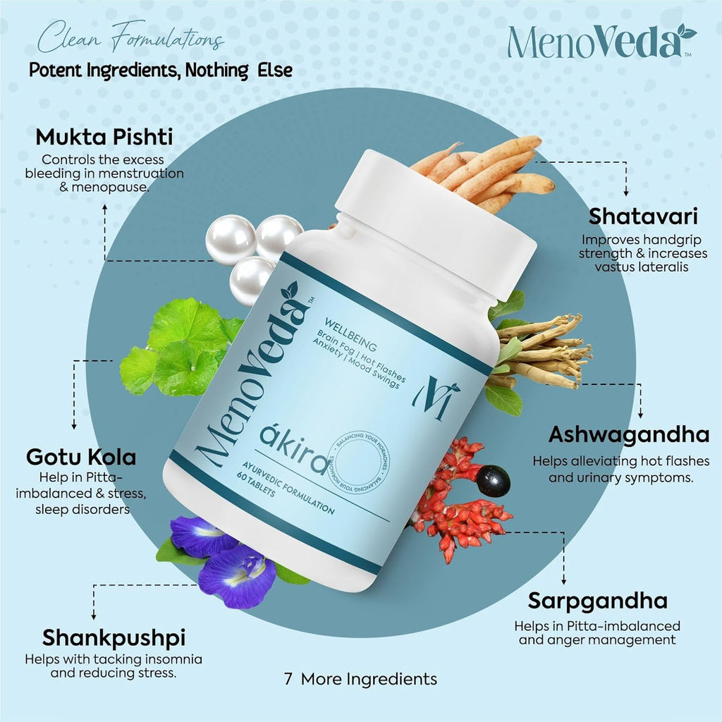 Menoveda Akira Menopause Support Supplement for Women – 60 Tablets | Hormonal Balance, Hot Flash & Night Sweat Relief, Mood, Sleep & Stress Support | Perimenopause & Menopause Vitamins for Women