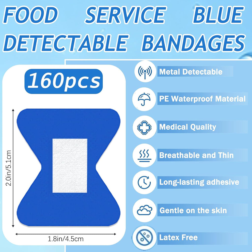 160Pcs Blue Metal Detectable Waterproof Adhesive Bandages 1.75" X 2" Butterfly Shape Food Service Blue Bandages with Quilt-Aid Pad for Catering First Aid and Wound Care Supplies