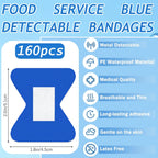 160Pcs Blue Metal Detectable Waterproof Adhesive Bandages 1.75" X 2" Butterfly Shape Food Service Blue Bandages with Quilt-Aid Pad for Catering First Aid and Wound Care Supplies