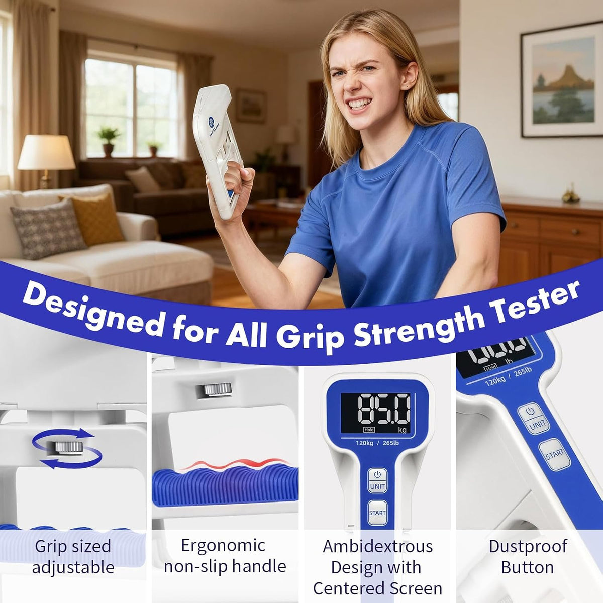 Digital Grip Strength Tester, 265 lb Hand Dynamometer, White | 265 lb Capacity; 0.2 lb Accuracy; Backlit LCD; Adjustable Grip; FDA Registered; 2-Year Warranty