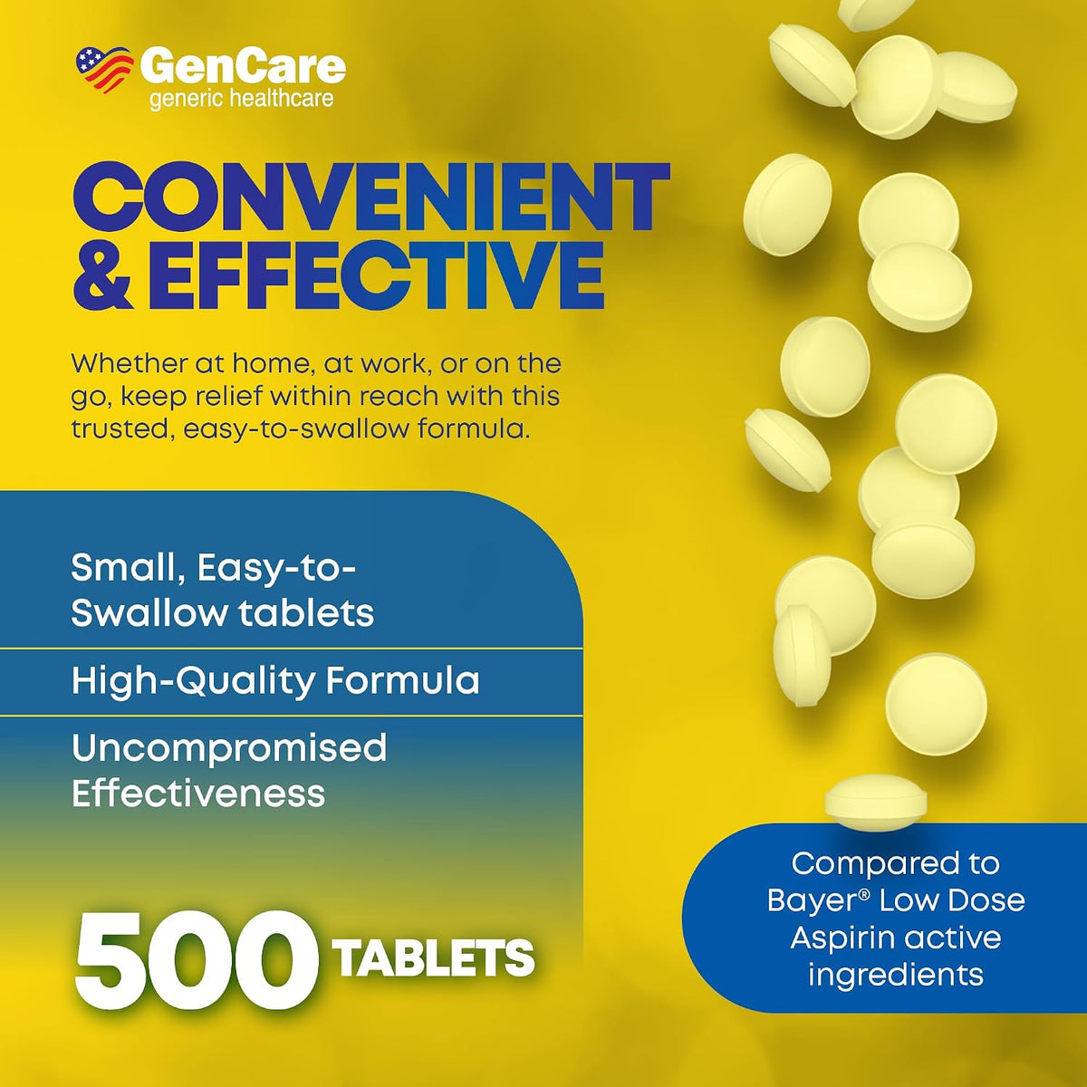 GenCare Low Dose Aspirin 81mg Enteric Coated Tablets, 500 Count | Compares to Bayer; daily low-dose aspirin for heart health, pain & fever relief, baby aspirin