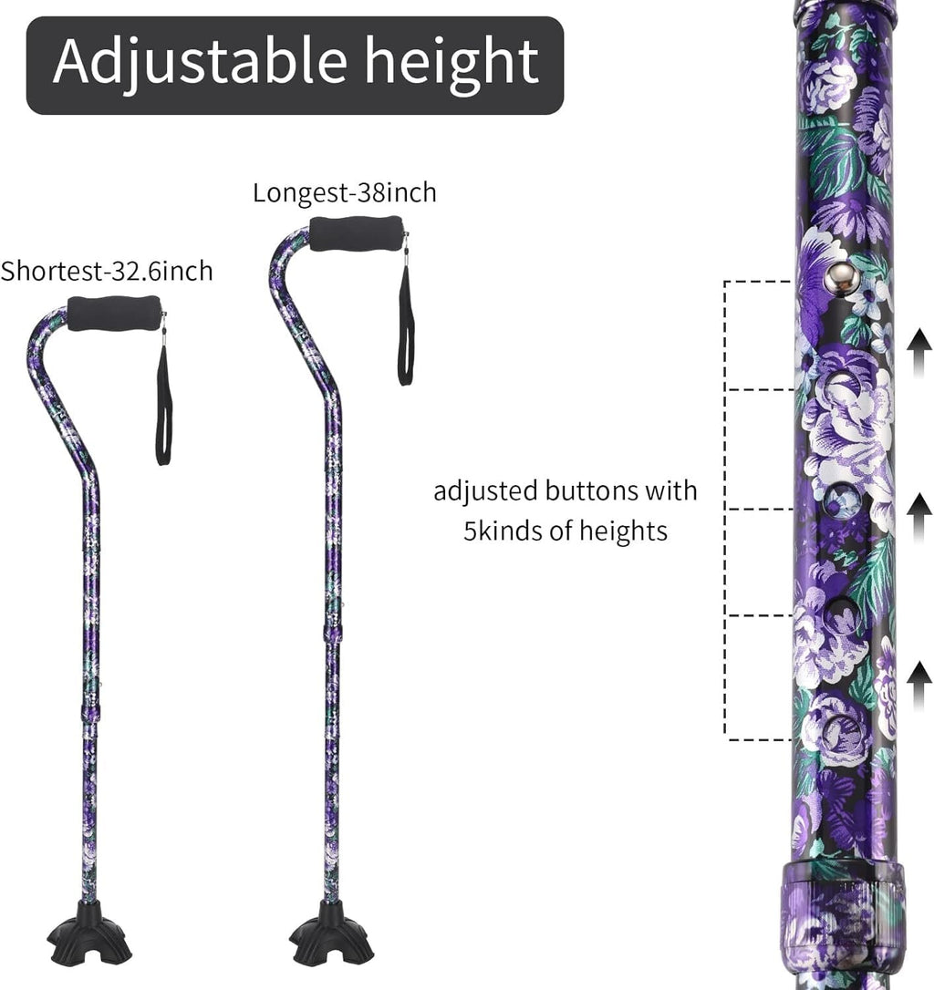 Floral Canes for Women Folding Cane for Stability with Non-Slip Base, Adjustable Walking Cane for Seniors - Lightweight Collapsible Walking Sticks with T & Offset Handle