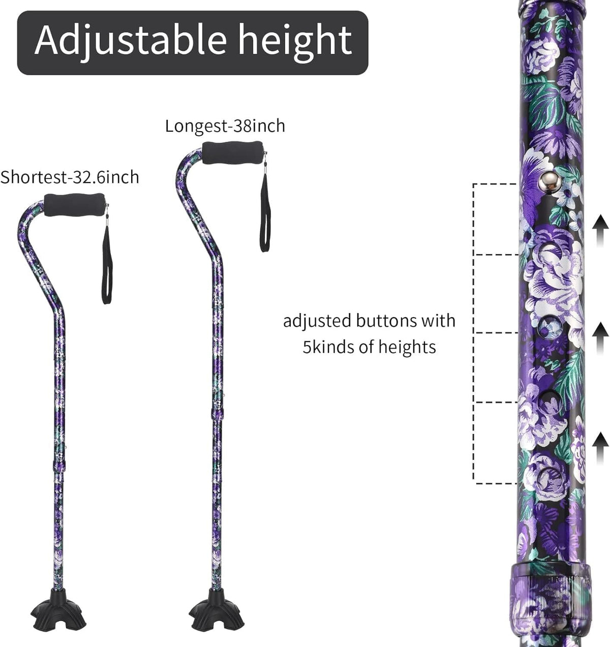 Floral Canes for Women Folding Cane for Stability with Non-Slip Base, Adjustable Walking Cane for Seniors - Lightweight Collapsible Walking Sticks with T & Offset Handle