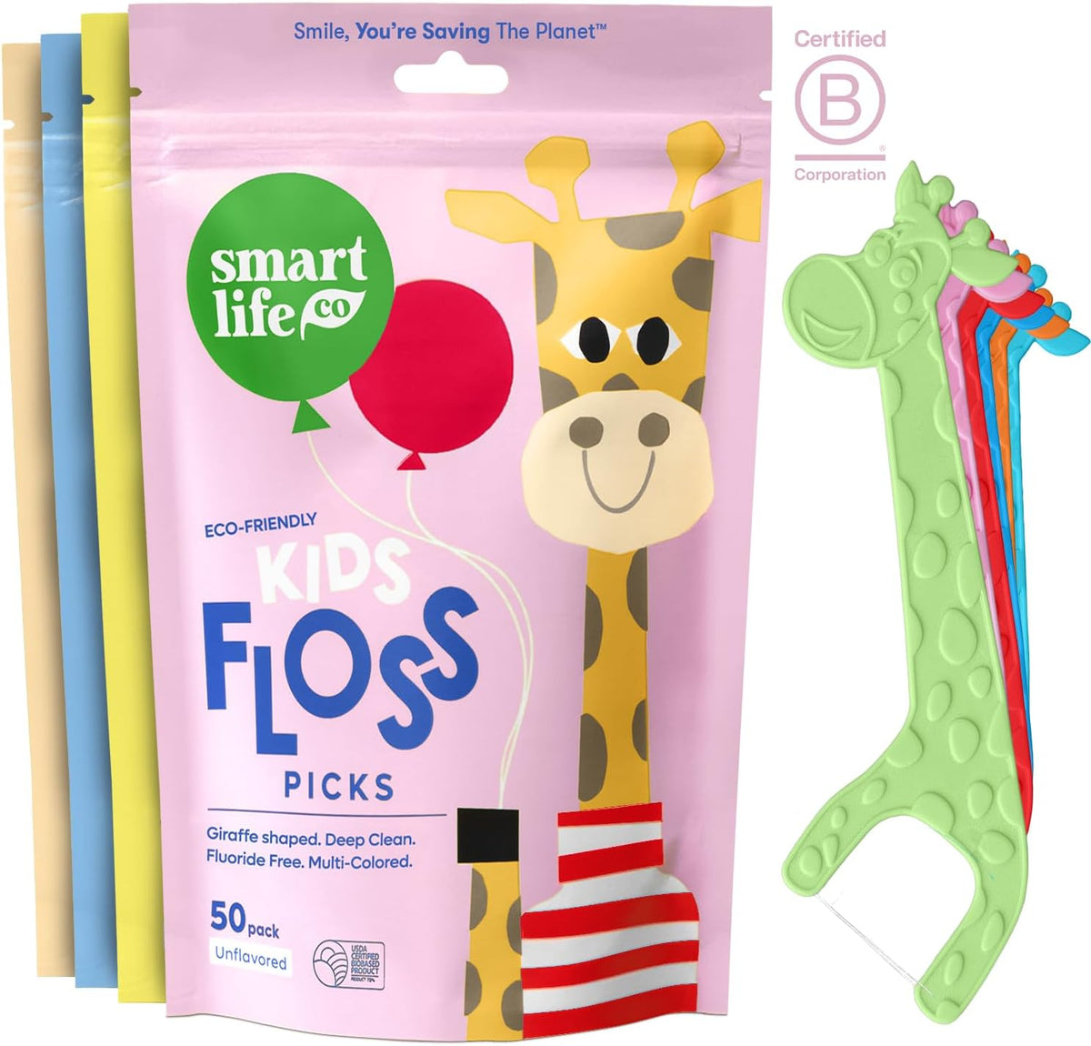 SmartLifeco Eco-Friendly Kids Flossers (200ct) - Dental Floss Picks for Children Made with Straw Wheat, Fluoride & PFA Free, Toothpick Flossing Sticks for Toddler Teeth, No Shred Thread, Unflavored