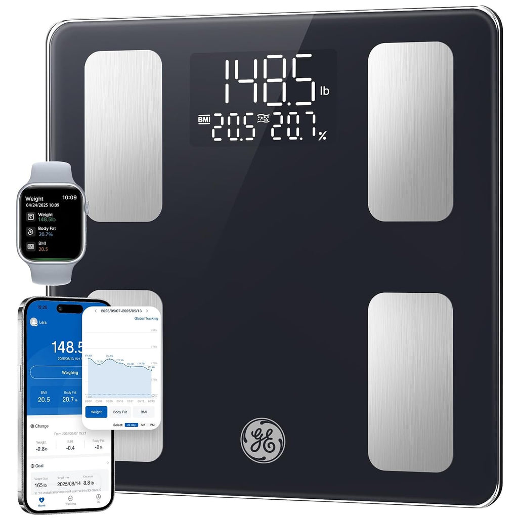 GE Smart Scale for Body Weight BMI Body Fat, Digital Bluetooth Scale 400lb | 13 Body Composition Monitor Health Analyzer for Home Gym, Accurate Bathroom Scale, App Sync Weighing Capacity Black 11inch