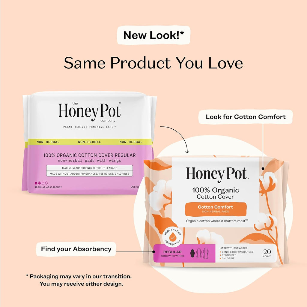 The Honey Pot Company - Cotton Comfort - Regular Pads for Women | Non-Herbal - Organic Cotton Cover - Menstrual Pads w/Wings - No Fragrance & Ultra-Absorbent Pulp Core - Feminine Care - 80ct
