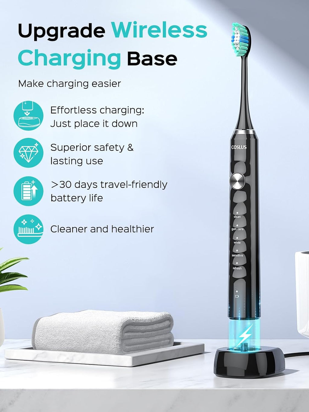 COSLUS C40 Sonic Electric Toothbrush for Adults, 47000VPM for Deep Cleaning