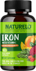 NATURELO Vegan Iron Supplement with Vitamin C and Organic Whole Foods - Gentle Iron Pills for Women & Men with Iron Deficiency Including Pregnancy, Anemia and Vegan Diets - 180 Mini Capsules