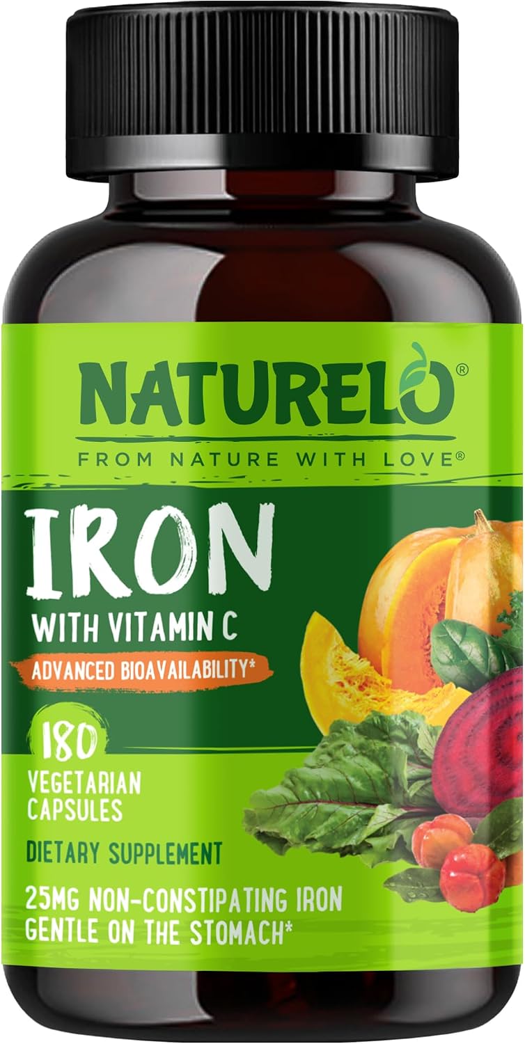 NATURELO Vegan Iron Supplement with Vitamin C and Organic Whole Foods - Gentle Iron Pills for Women & Men with Iron Deficiency Including Pregnancy, Anemia and Vegan Diets - 180 Mini Capsules