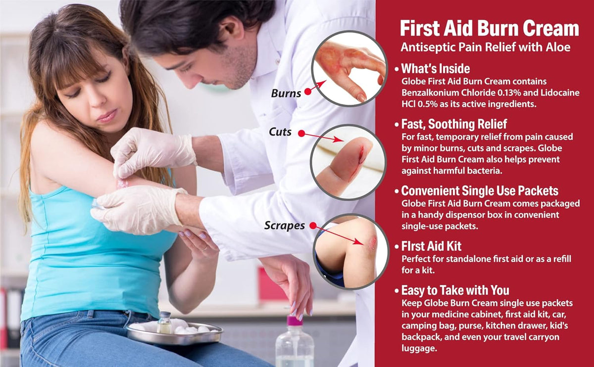 Globe First Aid Burn Cream, Aloe Formula, 0.9 g, Box of 144 | Burn Care Cream, Single Use Packets, Unscented Formula, Portable Supply, First Aid Kit Essential