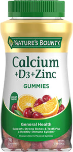Nature's Bounty Calcium + D3 + Zinc Gummies, 500mg, 70ct | Orange & Cherry, Supports Strong Bones & Teeth, Healthy Immune System