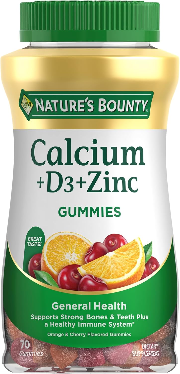 Nature's Bounty Calcium + D3 + Zinc Gummies, 500mg, 70ct | Orange & Cherry, Supports Strong Bones & Teeth, Healthy Immune System