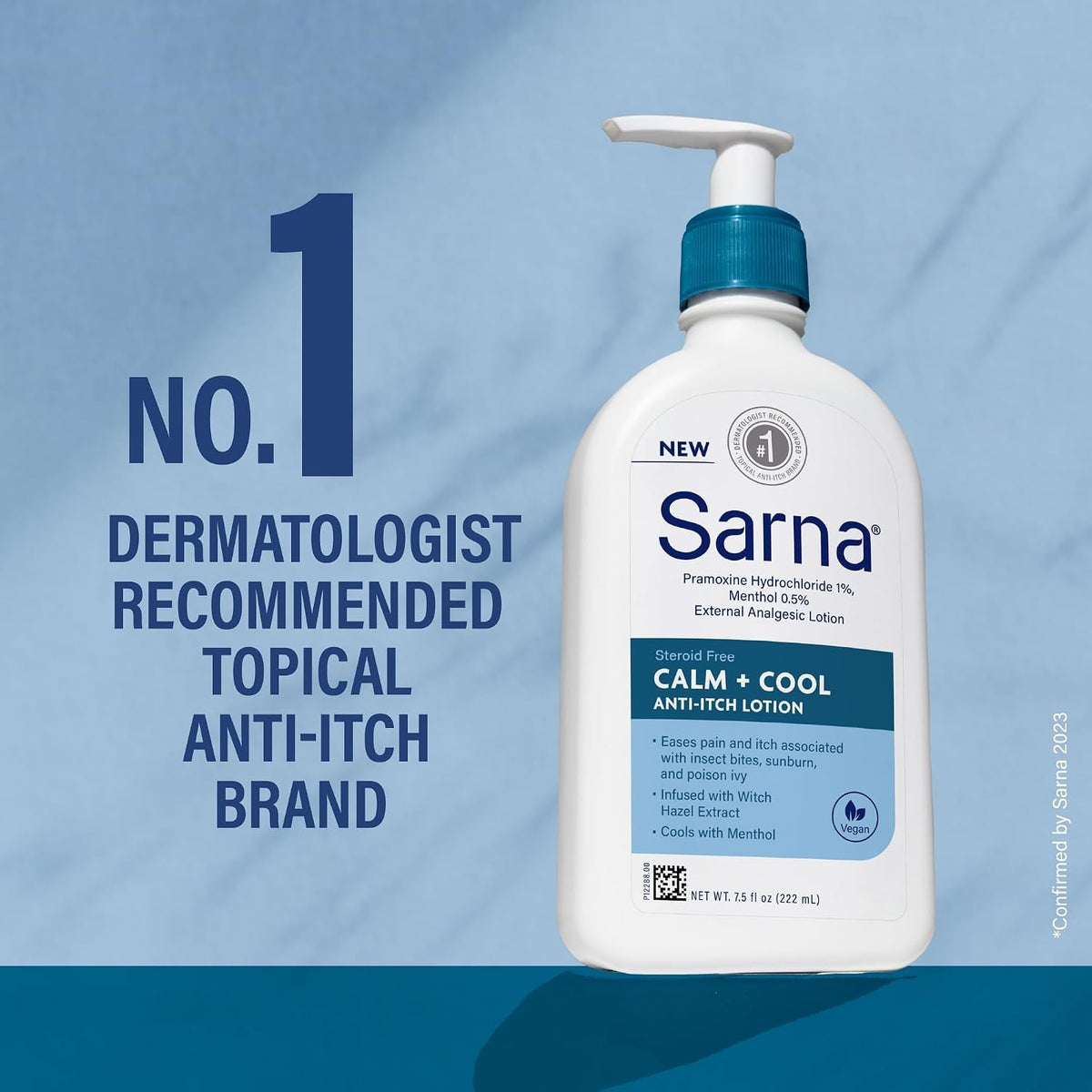 Sarna Calm and Cool Anti-Itch Lotion, Soothe and Relieve Pain and Itch from Insect Bites, Sunburn, Poison Ivy, Contains 1% Pramoxine Hydrochloride, 0.5% Menthol, Vegan, Steroid-Free, 7.5oz