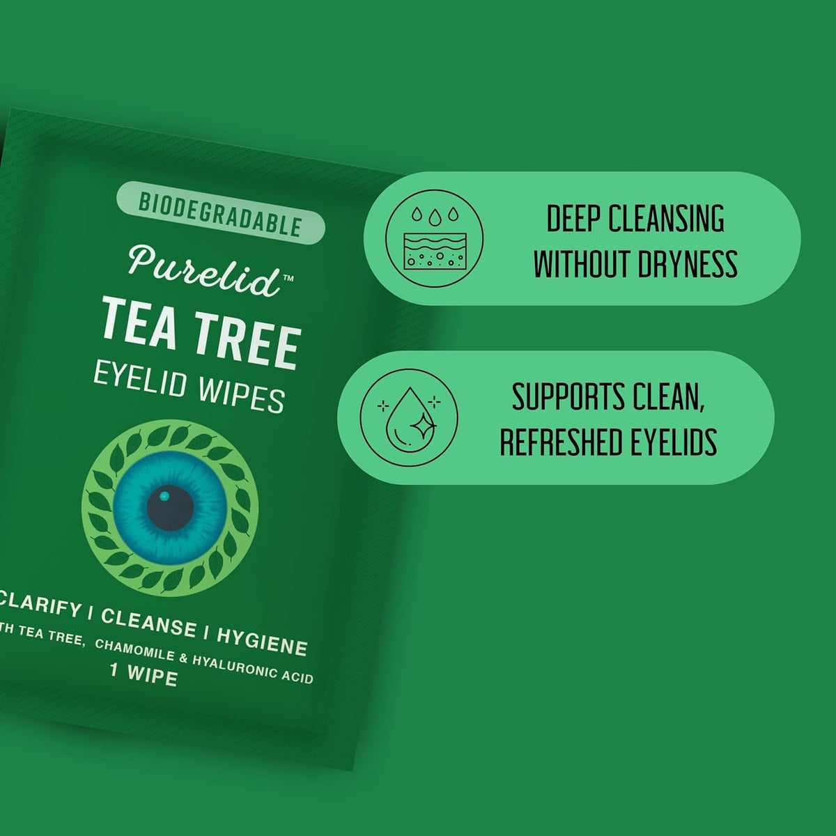 100PCs Tea Tree Eyelid Wipes – Cleaning Eye Wipes for People with Dry Eyes & Allergies – Gentle Eyelid Cleanser with Hyaluronic Acid, Chamomile and Aloe – Individually Wrapped & Biodegradable