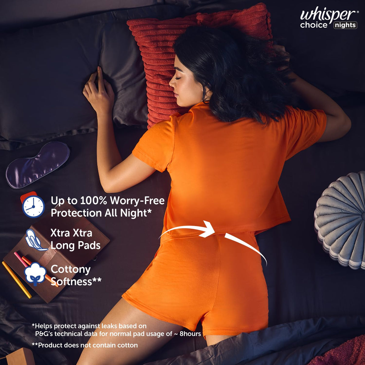 Whisper Choice Nights, 40 XXL Pads, Gives Up to 100% worry-free protection all night with 4x back coverage