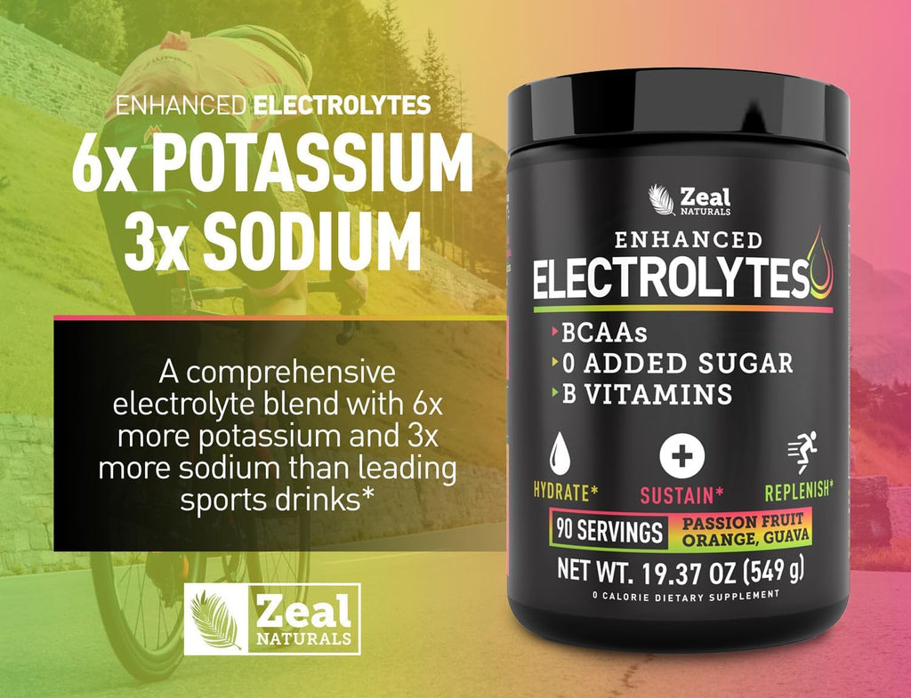Zeal Naturals Electrolyte Powder - 90 Servings | Keto Electrolytes Powder | Zero Sugar, BCAAs, B-Vitamins | Potassium, Zinc, Magnesium | Hydration Powder Recovery Drink | Passion Fruit Orange Guava