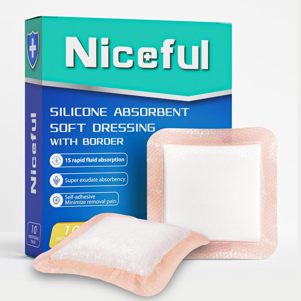 Silicone Super Absorbent Wound Dressing-4"× 4" Self-Adhesive Bandages for Wound Care, FSA HSA Eligible, Ultra Soft Wound Pads for Bed Sores Leg Ulcers Burns, 10