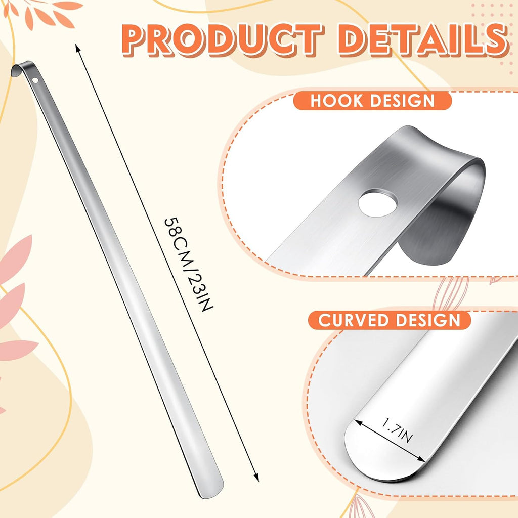 2 Pcs 23" Extra Long Handled Metal Shoe Horn for Elderly, Silver | Shoehorn Dressing Stick for Senior Disabled Men Women Limited Mobility, Standing Reach Assist, No Bending Needed