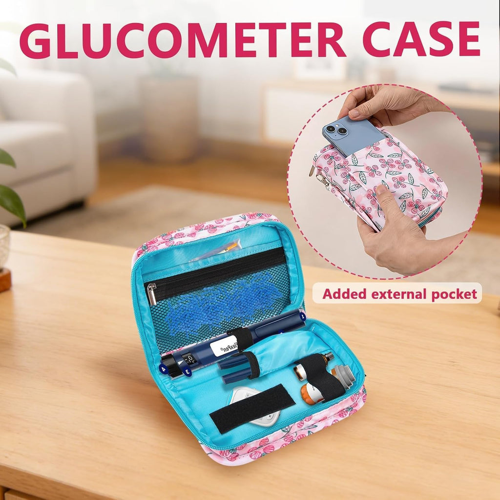 Lightweight Diabetes Travel Case, Diabetic Bag, Pink Flora | Portable Diabetic Supplies Travel Case for Glucometer, Blood Sugar Test Strips, Lancets & Syringes?Case Only ?