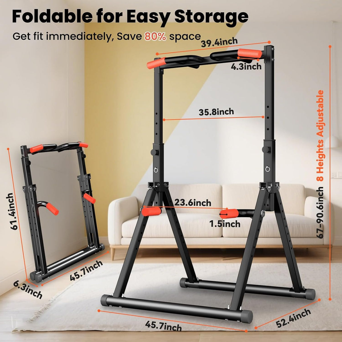 WATBKHE Power Tower Pull Up Dip Station Foldable, Pull Up Bar Station Adjustable, Multi-Function Home Gym, Strength Training Fitness Equipment, Triangular Design, for Home Outdoor