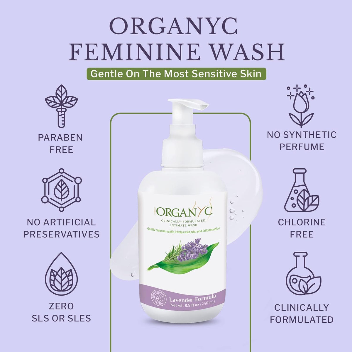 Organyc Feminine Intimate Wash for Sensitive Skin, 250 ml, pH-Balanced Cleanser with Organic Lavender & Botanical Extracts