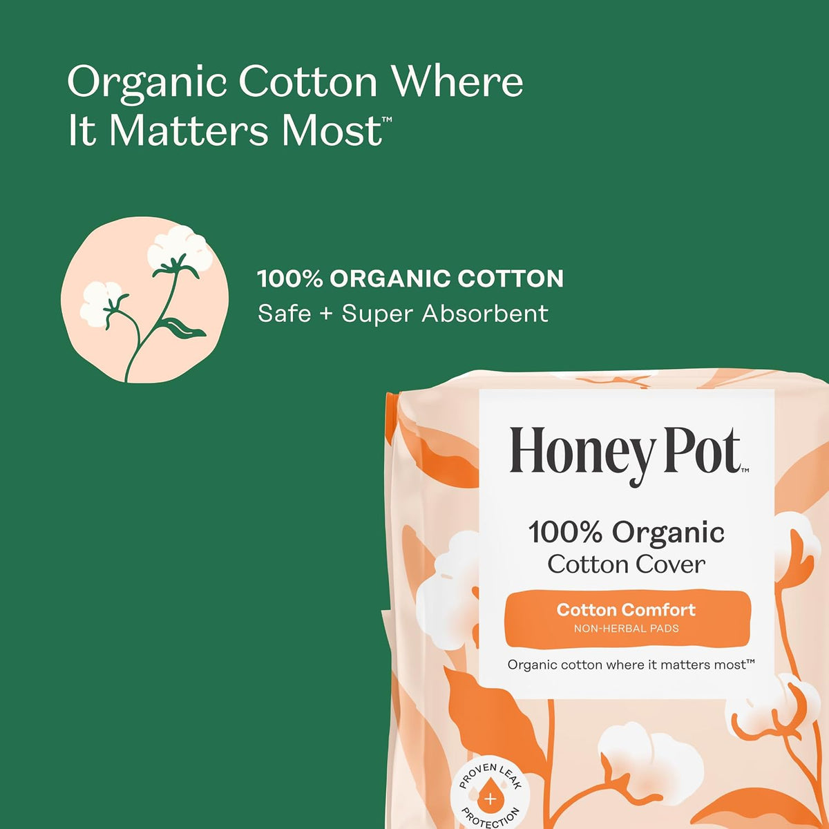 The Honey Pot Company - Cotton Comfort - Heavy Flow Overnight Pads | Non-Herbal - Organic Cotton Cover - Menstrual Pads w/Wings - No Fragrance & Ultra-Absorbent Pulp Core - Feminine Care - 44ct
