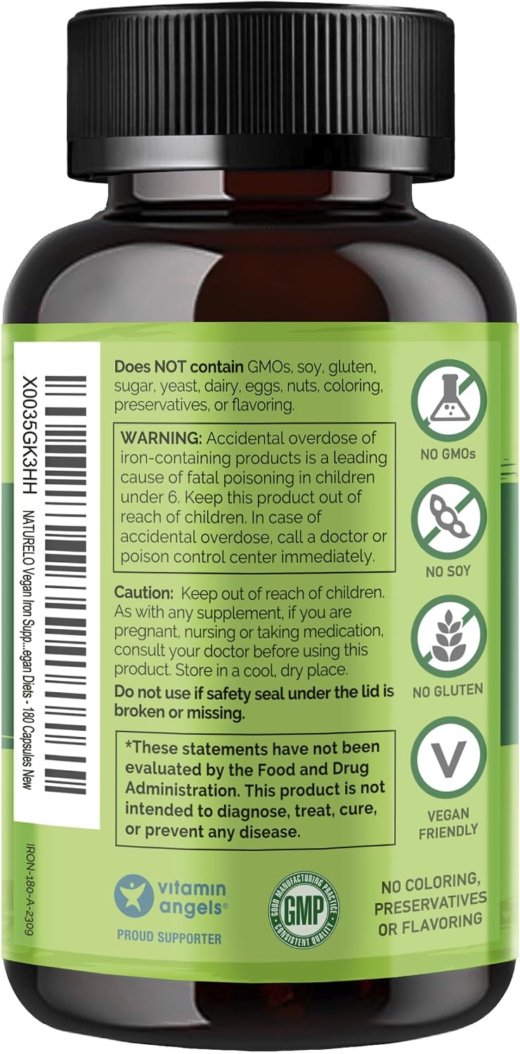 NATURELO Vegan Iron Supplement with Vitamin C and Organic Whole Foods - Gentle Iron Pills for Women & Men with Iron Deficiency Including Pregnancy, Anemia and Vegan Diets - 180 Mini Capsules